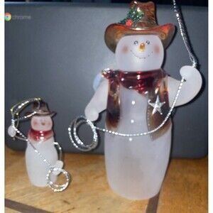 Snowman Sheriff Set of 2 Western Cowboy Glass Acrylic Lasso Vintage Figurines